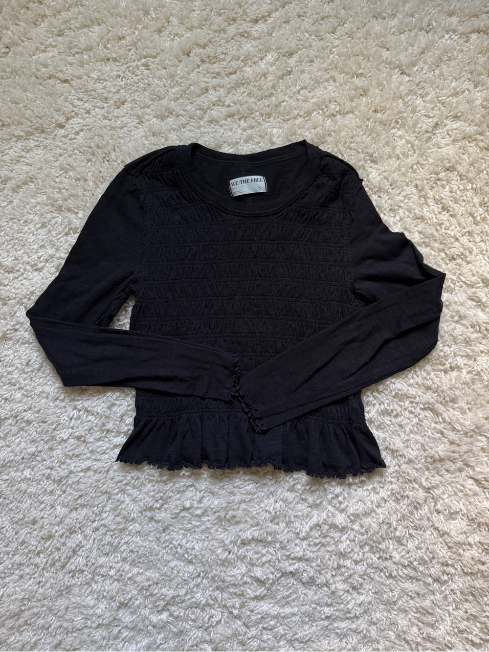 We The Free By Free People Women’s Black Smocked Ruffle-Hem Top. Sz S. FESTIVAL - Picture 2 of 8